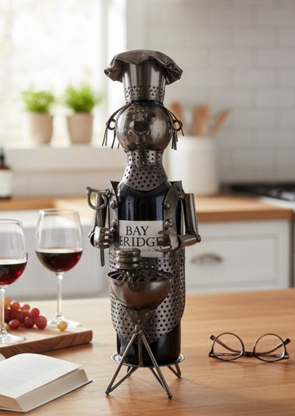 Tinman Metal BBQ Chef Wine Bottle Holder w/Hat & Grill 12.5" Tall Tabletop Stand